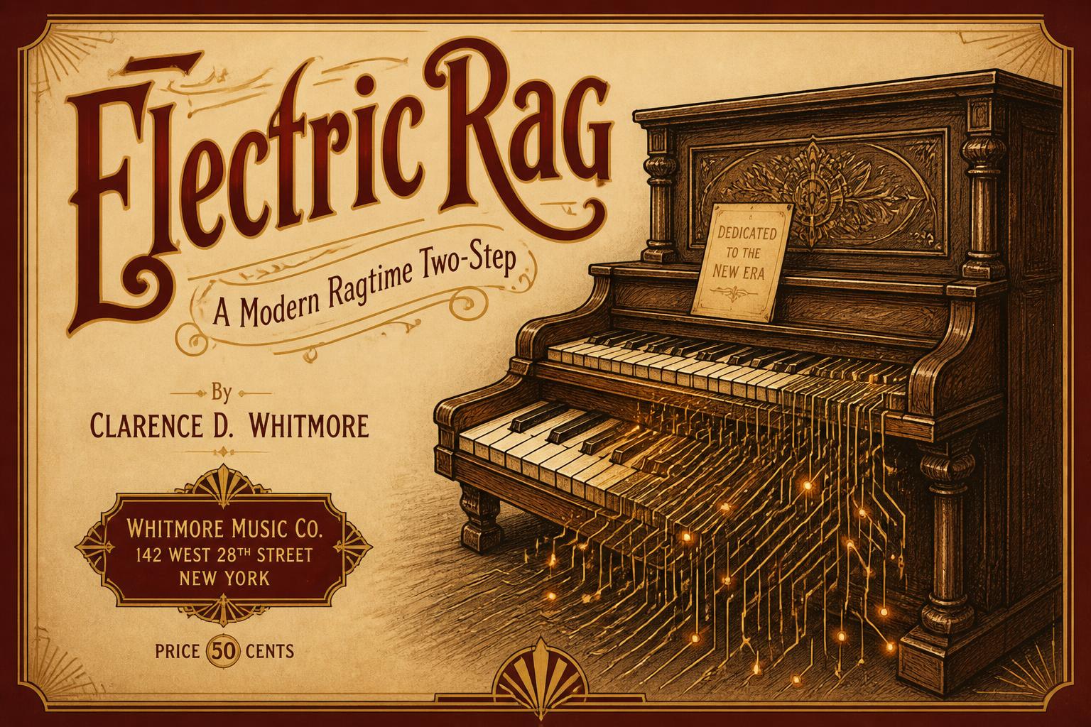 An old ragtime piano with keys dissolving into circuit traces